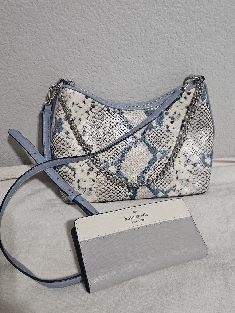 kate spade Light Blue and Cream Snake-Print Shoulder Bag with Wallet
